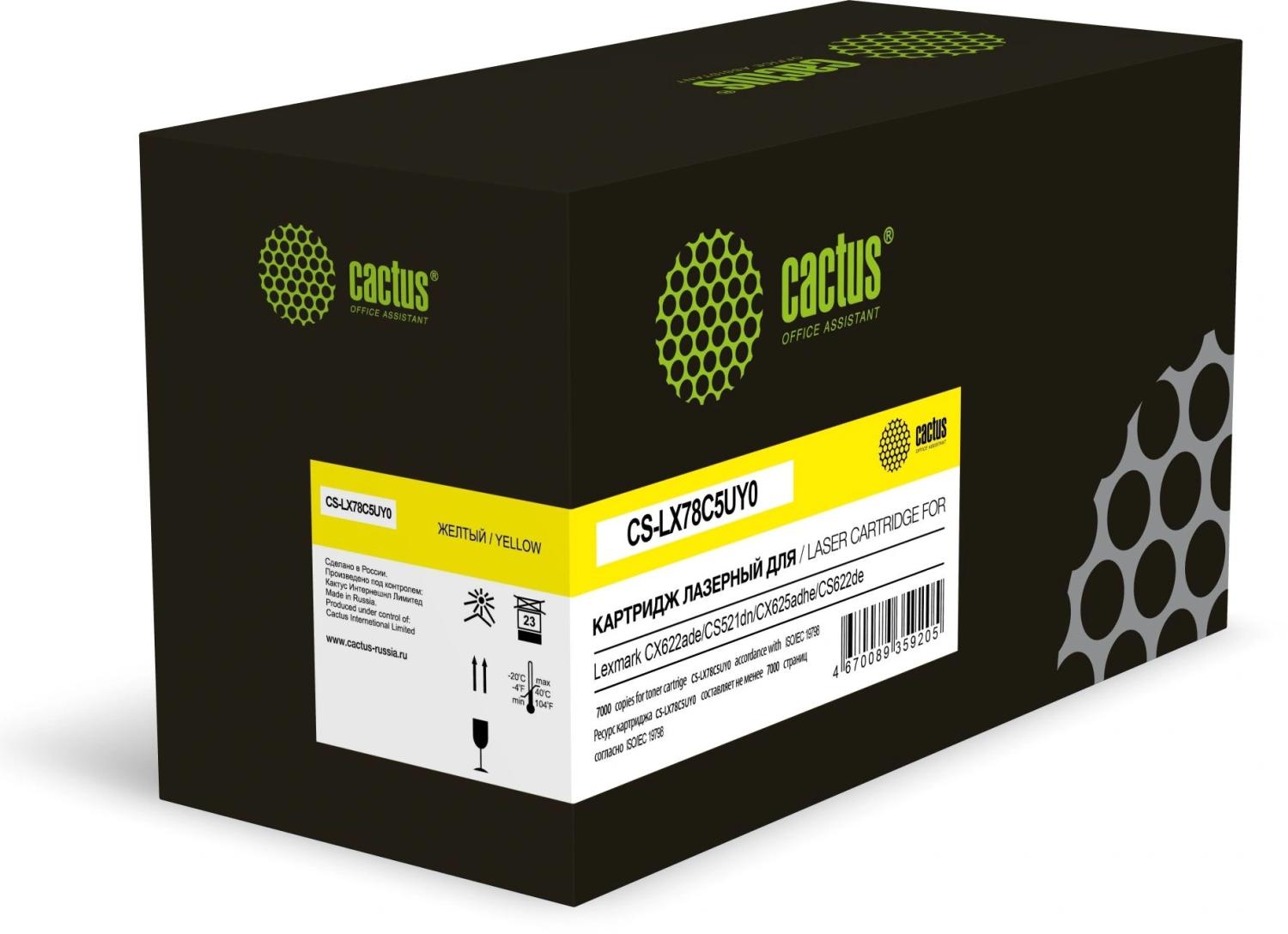 Картридж лазерный Cactus CS-LX78C5UY0 78C5UY0/78C5UYE желтый (7000стр.) для Lexmark CX421/CX622ade/CS521dn/CX625adhe/CS622de с чипом
