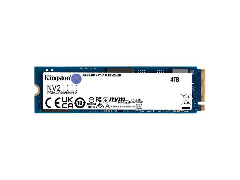 Твердотельный накопитель/ Kingston SSD NV2, 4000GB, M.2(22x80mm), NVMe, PCIe 4.0 x4, 3D TLC, R/W 3500/2800MB/s, TBW 1280, DWPD 0.3 (60 мес)