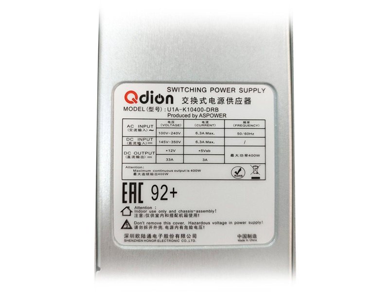 Блок питания Qdion U1A-K10400-DRB 1U Slim 400W (ШВГ=50.5*40*196mm), 80+ Golg, Oper.temp 0C;50C, AC/DC dual input (ASPower) OEM
