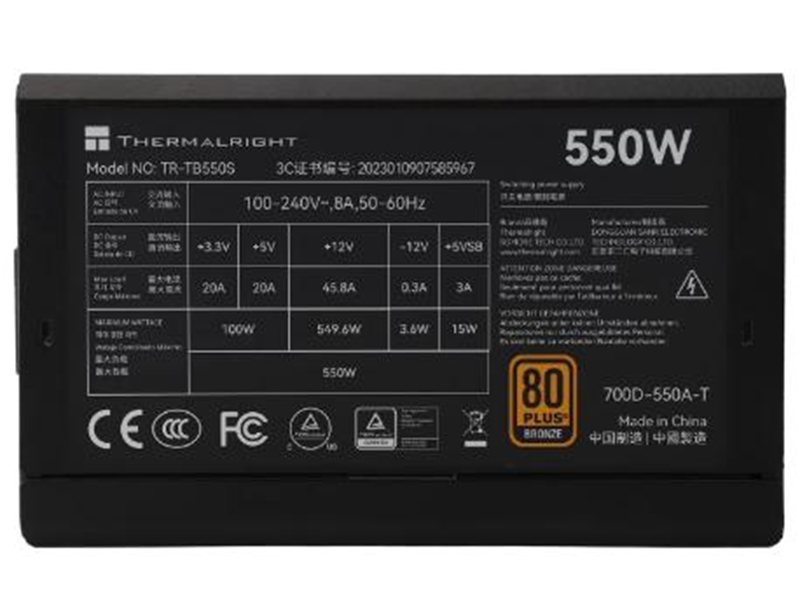 Блок питания 550W/ Power Supply Thermalright, 550W 80+ Bronze (ATX, 3.0, Non-modular, 1x24(20+4)pin 550mm, 1xCPU*2 8(4+4)pin 600+150mm, 1xPCIe 8(6+2)pin 450mm, 1xSATA*3+MOLEX4pin*1 400+150+150+150mm, 1xSATA*2+MOLEX4pin*2 400+150+150+150mm, Active, 120x120