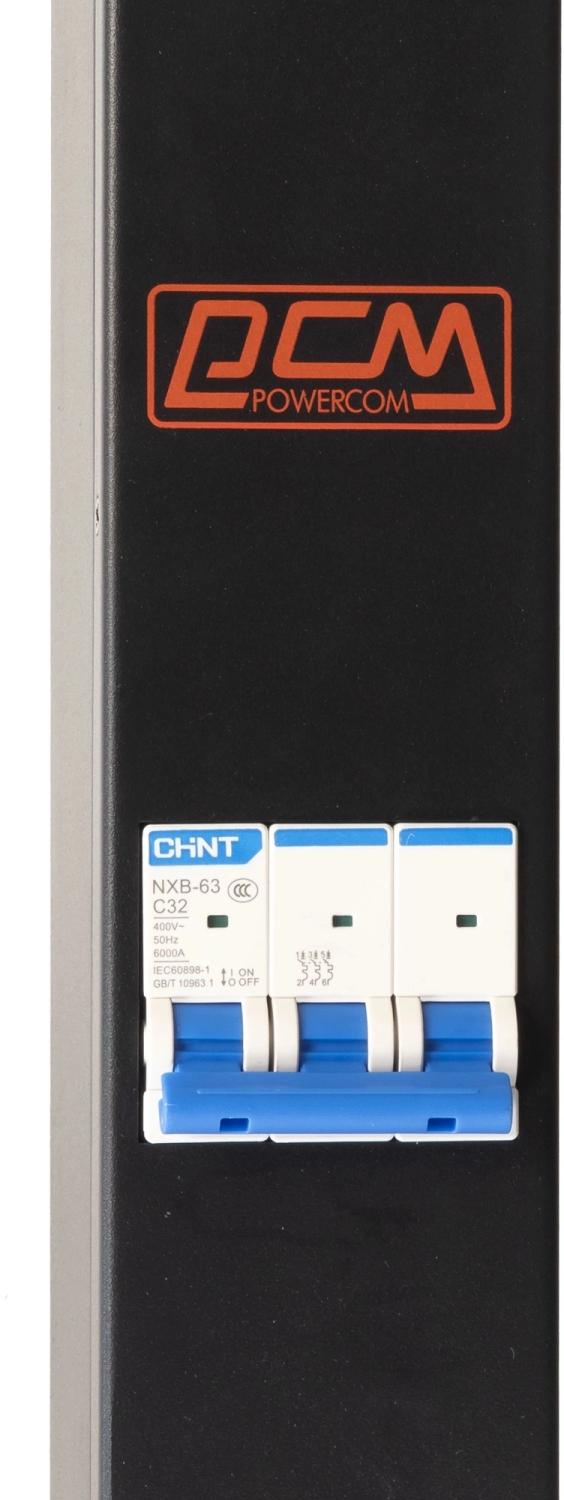Блок распределения питания Powercom PDU-32AVMS24-18C3-6C9-3P верт.размещ. 18xC13 6xC19 с сетевым мониторингом 3x32A EN 60309 2м