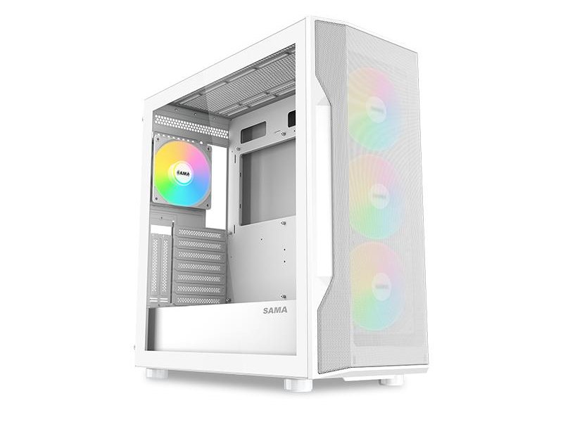 Корпус ПК без блока питания/ Case SAMA S40 White, Midi-Tower, TG, 4x120mm ARGB, 2xUSB 3.0 + 1xUSB 3.1 Type-C, ATX, mATX, mITX White