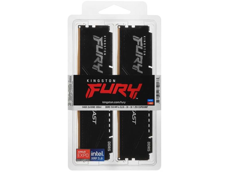 Оперативная память Kingston 64GB 5600MT/s DDR5 CL36 DIMM (Kit 2*32Gb) FURY Beast Black EXPO