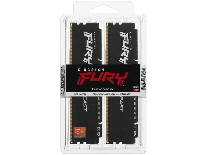 Оперативная память Kingston 32GB 6400MT/s DDR5 CL32 DIMM (Kit 2*16Gb) FURY Beast Black EXPO
