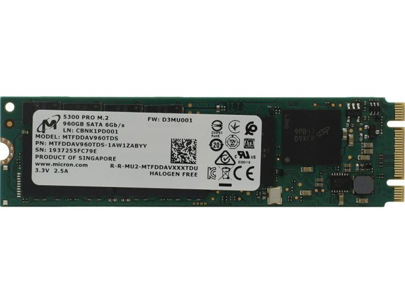 Твердотельный накопитель Micron 5300PRO 960GB SATA M.2(22x80mm) 3D TLC R540/W520MB/s MTTF 3М 95000/35000 IOPS 2628TBW SSD Enterprise Solid State Drive, 1 year, OEM
