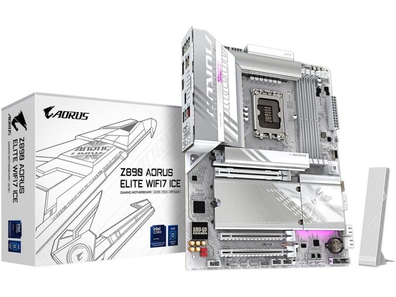 Материнская плата Z890M AORUS ELITE WIFI7 ICE, Socket 1851, Intel®Z890, 4xDDR5-6400, DP, 2xPCI-Ex16, 4xSATA3(RAID 0/1/5/10), 3xM.2, 8Ch Audio, 1x2.5GbLan, WiFi, (4+4)xUSB2.0, (5+2)xUSB3.2, (1+1)xUSB Type-C™, mATX, RTL