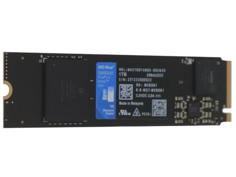 Твердотельный накопитель Western Digital Blue SN5100 SSD M2.2280 PCIe 4.0 1Tb, 7100MBs/6700MBs, TBW 600, WDS100T5B0E, 1 year