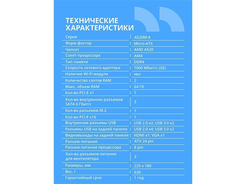 Материнская плата CBR A520M-K {Socket AM4, 2*DDR4, mATX, VGA+HDMI, 1*PCIEx16/1*PCIEx1/1*M.2(NVME & SATA), 4*SATA3, 4*USB2+2*USB3, Glan}