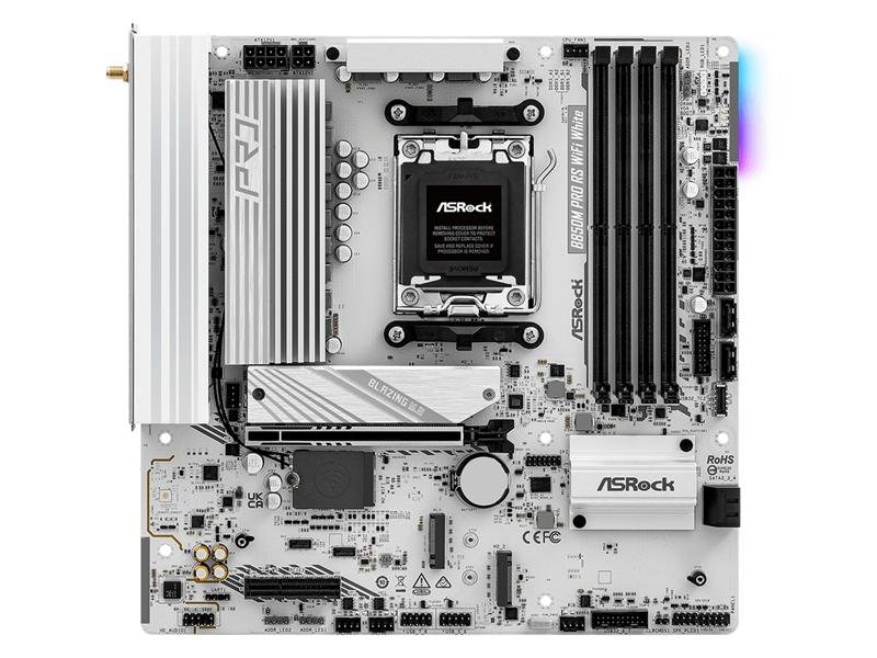 Материнская плата ASROCK B850M PRO RS WIFI WHITE, AM5, B850, 4*DDR5, 4*SATA, 3*M.2, 4*USB 2.0, 3*USB 3.2, Type-C, 2*PCIx16, 1*M.2 (Key E), HDMI+DP, mATX