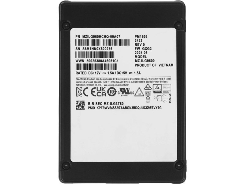 Твердотельный накопитель Samsung Enterprise SSD, 2.5"(SFF) 15mm, PM1653, 960GB, SAS 24Gb/s, R4200/W1200Mb/s, IOPS(R4K) 600K/55K, MTBF 2M, 1DWPD/5Y, TBW 1752TB, OEM (repl. MZILT960HBHQ-00007)