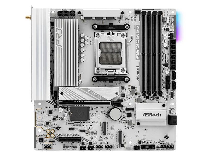 Материнская плата ASROCK B850M PRO RS WIFI WHITE, AM5, B850, 4*DDR5, 4*SATA, 3*M.2, 4*USB 2.0, 3*USB 3.2, Type-C, 2*PCIx16, 1*M.2 (Key E), HDMI+DP, mATX