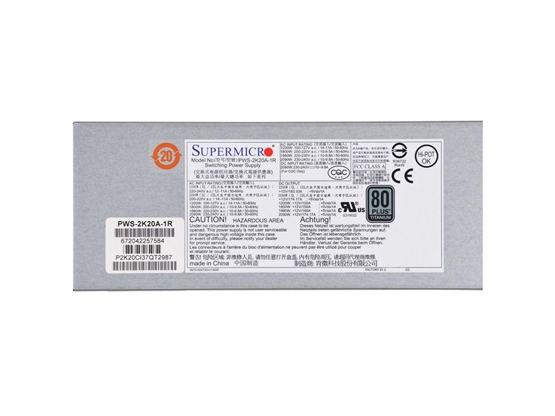 Блок питания SuperMicro PWS-2K20A-1R 1U 2200W Redundant, Titanium, 76(W) X 40(H) X 336(L) mm