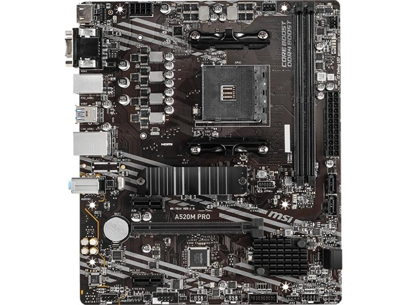 Материнская плата/ MB MSI AMD A520 sAM4, 2xDDR4(64GB), D-SUB/HDMI 2.1/DP, 1xPCIe 3.0x16, 2xPCIe 3.0, 1xLAN, 4xSATA 6Gb/s, 1xM.2, 4xUSB 3.2, 2xUSB 2.0, 1xPS/2, mATX