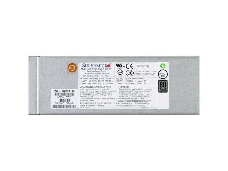 Supermicro PWS-1K23A-1R AC-DC 1200W, Titanium Level, Redundancy, 1U, PMBUS 1.2, +12V