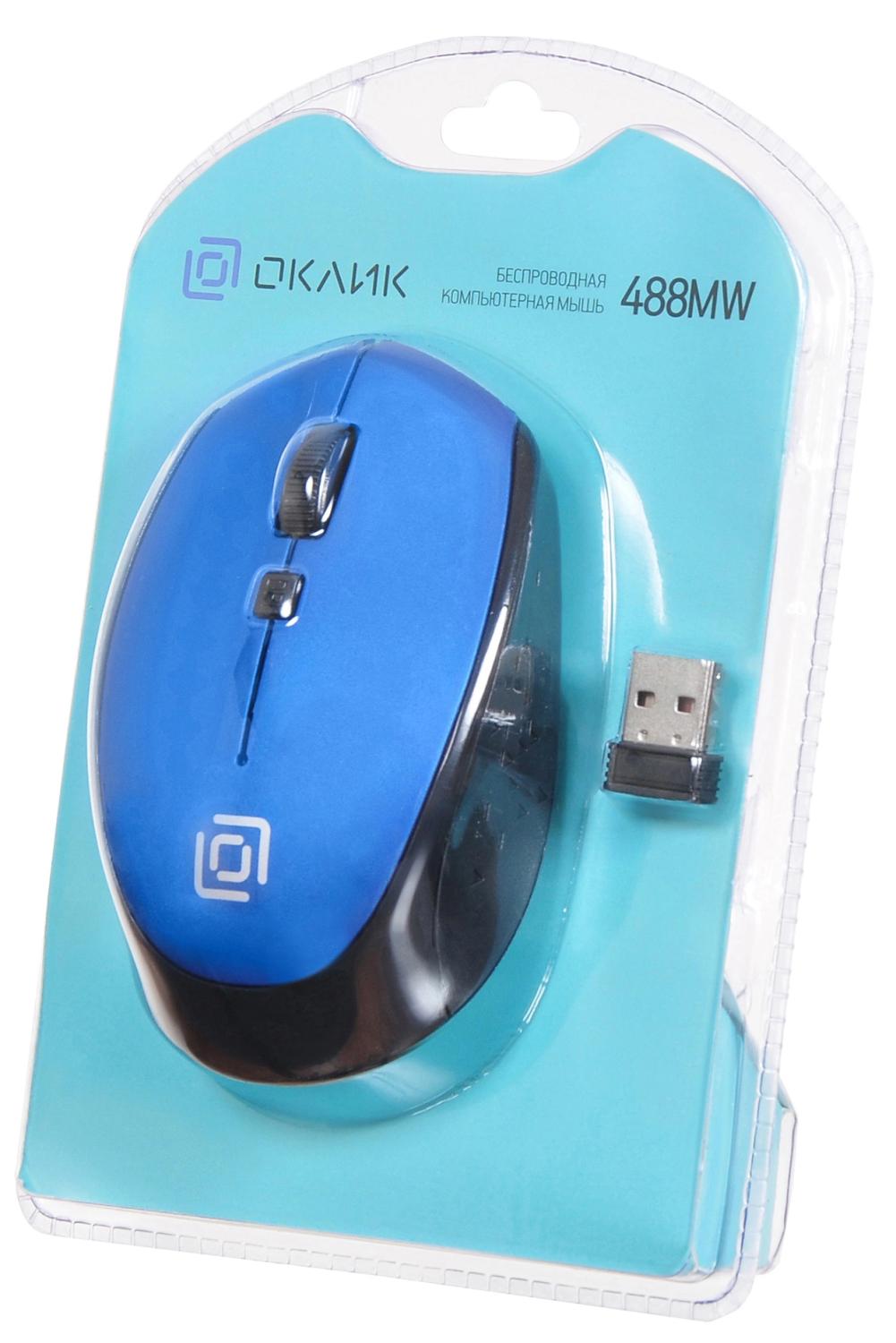 Мышь Оклик 488MW черный/синий оптическая 1600dpi беспров. USB для ноутбука 4but (1196569)