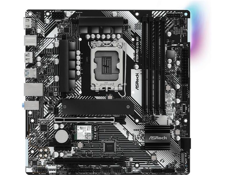 Материнская плата ASROCK B760M PRO-A/D4 WIFI, LGA1700, B760, 4*DDR4, 4*SATA, 2*M.2, 3*USB 3.2, 2*USB 2.0, Type-C, 2*PCIx16, 1*PCIx1, 1*M.2 (Key E), HDMI+DP, mATX