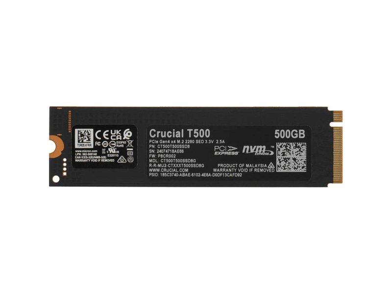 Твердотельный накопитель SSD Crucial M.2 2280 500GB Crucial T500 Client SSD CT500T500SSD8 PCIe Gen4x4 with NVMe, 7200/5700, TLC, 300TBW