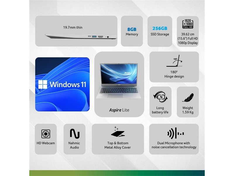 Ноутбук Acer Aspire Lite 15 AL15-41P-R0JJ AMD Ryzen 3 5400U/8Gb (1*8 D4)/SSD256Gb/UMA/15.6"/IPS/FHD/1920x1080/60Hz/Win11/Silver/1.7kg