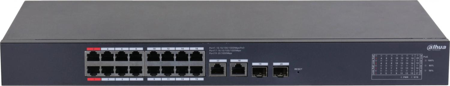 Коммутатор Dahua DH-CS4220-16GT-240 (L2) 16x100Мбит/с 2x1Гбит/с 2xКомбо(1000BASE-T/SFP) 16PoE 265W управляемый