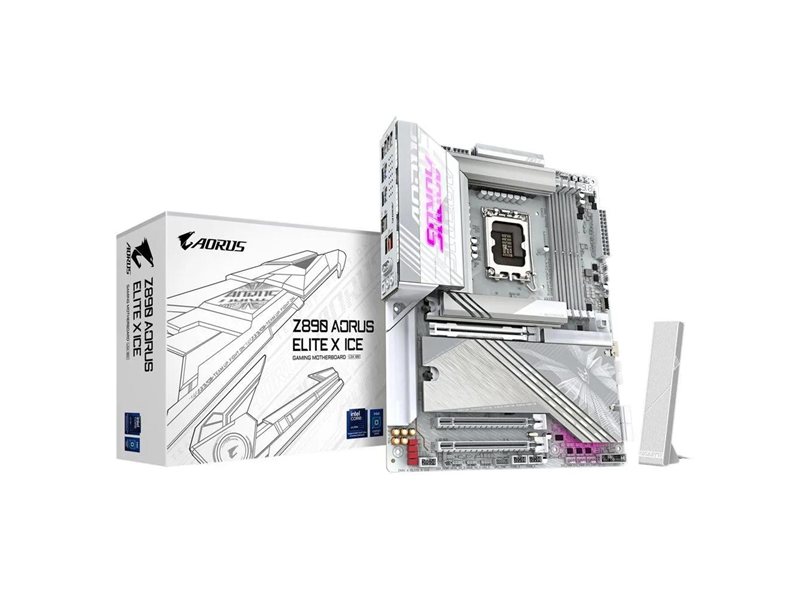 Материнская плата Z890 AORUS ELITE X ICE, Socket 1851, Intel®Z890, 4xDDR5-6400, 3xPCI-Ex16, 4xSATA3(RAID 0/1/5/10), 5xM.2, 8Ch Audio, 1x2.5GbLan, WiFi, (4+4)xUSB2.0, (6+2)xUSB3.2, (1+1)xUSB Type-C™, ATX, RTL