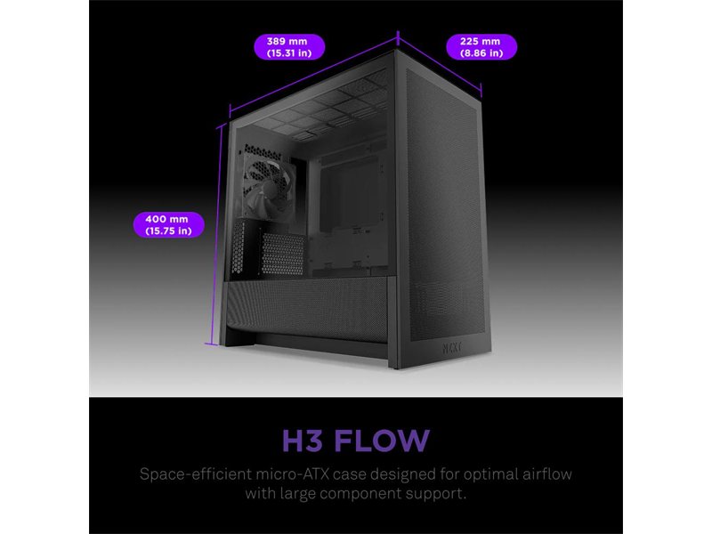 Корпус без блока питания/ Case NZXT H3 Flow (2025), Midi-Tower, TG, 1x120mm, 1xUSB-A 3.2 + 1xUSB-C 3.2, mATX, mITX Black