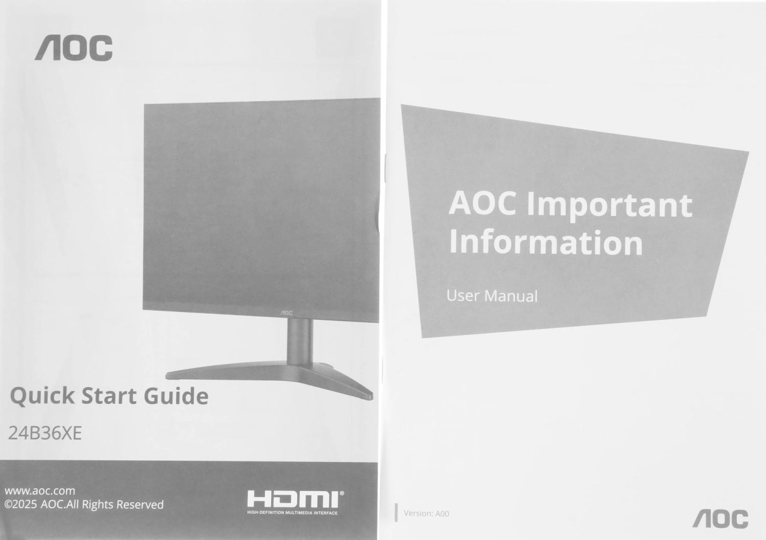 Монитор AOC 23.8" 24B36XE черный IPS LED 16:9 HDMI матовая 300cd 178гр/178гр 1920x1080 144Hz VGA FHD 2.5кг
