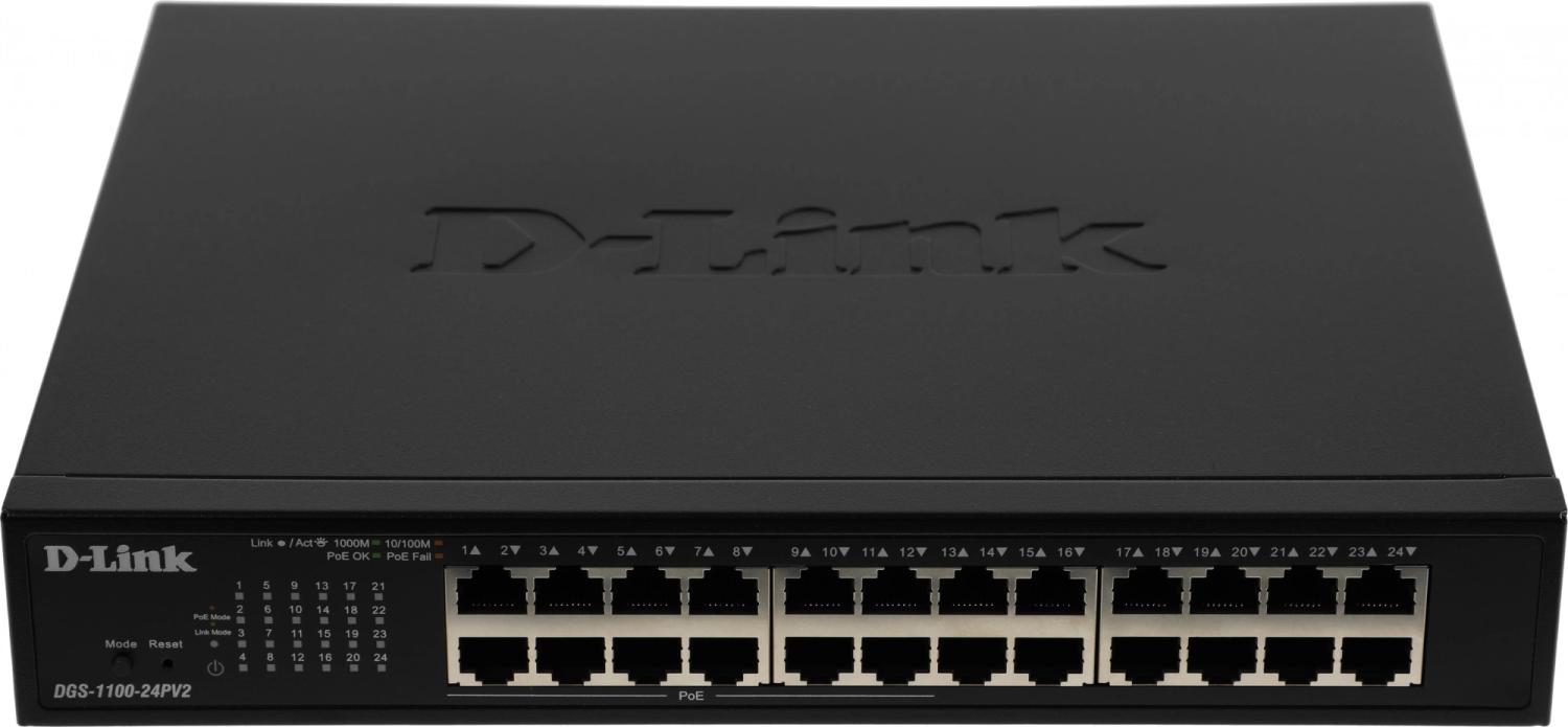 Коммутатор D-Link DGS-1100-24PV2/A DGS-1100-24PV2/A3A (L2) 24x1Гбит/с 12PoE+ 100W управляемый