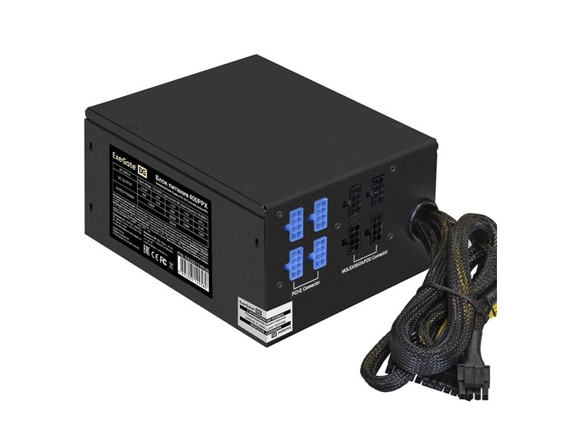 Exegate EX292174RUS Блок питания 400W ExeGate 400PPX (ATX, APFC, КПД 80% (80 PLUS), 14cm fan, 24pin, (4+4)pin, PCIe, 5xSATA, 4xIDE, FDD, RTL, black)