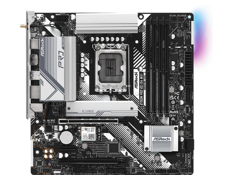 Материнская плата ASROCK B760M PRO RS/D4 WIFI, LGA1700, B760, 4*DDR4, 4*SATA, 2*M.2, 3*USB 3.2, 2*USB 2.0, Type-C, 2*PCIx16, 1*PCIx1, 1*M.2 (Key E), HDMI+DP, mATX
