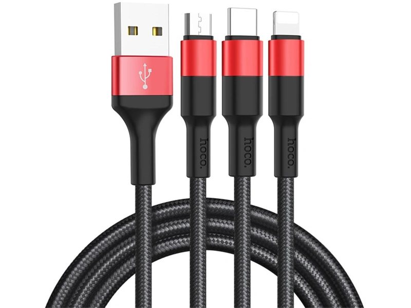 Кабель Hoco X26 Xpress one 80282 USB (m)-Lightning (m)/USB Type-C (m)/micro USB (m) 1м черный/красный