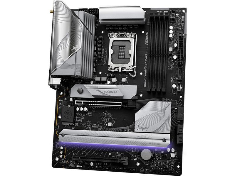 Материнская плата ASROCK B860 LIVEMIXER WIFI, LGA1851, B860, 4*DDR5, 4*SATA, 3*M.2, 6*USB 3.2, 6*USB 2.0, Type-C, 2*PCIx16, 1*M.2 (Key E), HDMI, ATX