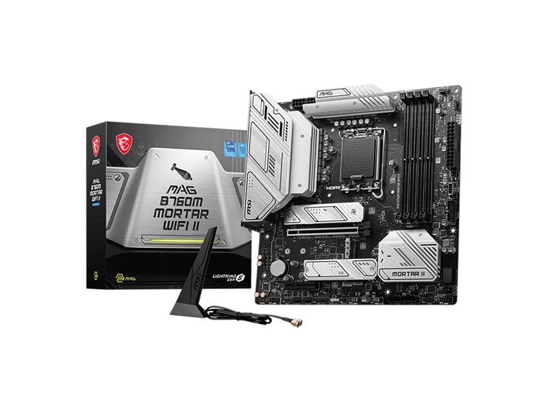 Материнская плата MB MSI INTEL B760 s1700, 4xDDR5(256GB), HDMI 2.1/DP, 1xPCIe 5.0x16, 1xPCIe 3.0x4, 1xLAN (2.5GbE), Wi-Fi, BT, 4xSATA 6Gb/s, 3xM.2, 1xUSB-C, 3xUSB 3.2, 4xUSB 2.0, mATX