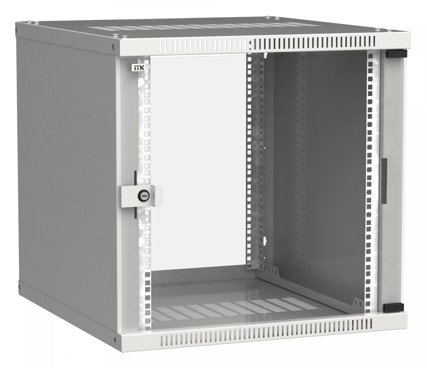 Шкаф коммутационный ITK Linea WE (LWE3-09U66-GF) настенный 9U 600x600мм пер.дв.стекл направл.под закл.гайки 50кг серый 550мм 16.8кг 200град. 450мм IP20 IK08 сталь