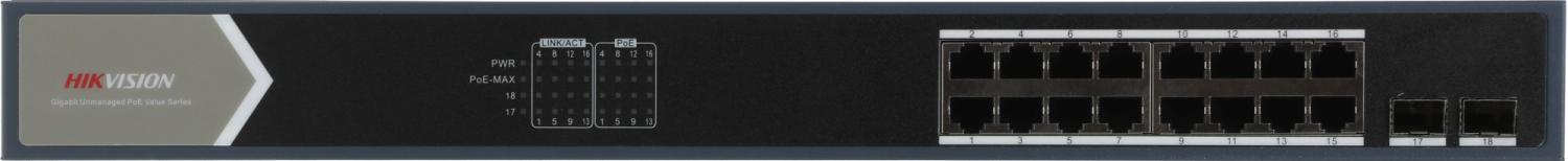 Коммутатор Hikvision DS-3E0518P-E/M(B) (L2) 16x1Гбит/с 2SFP 16PoE 125W неуправляемый