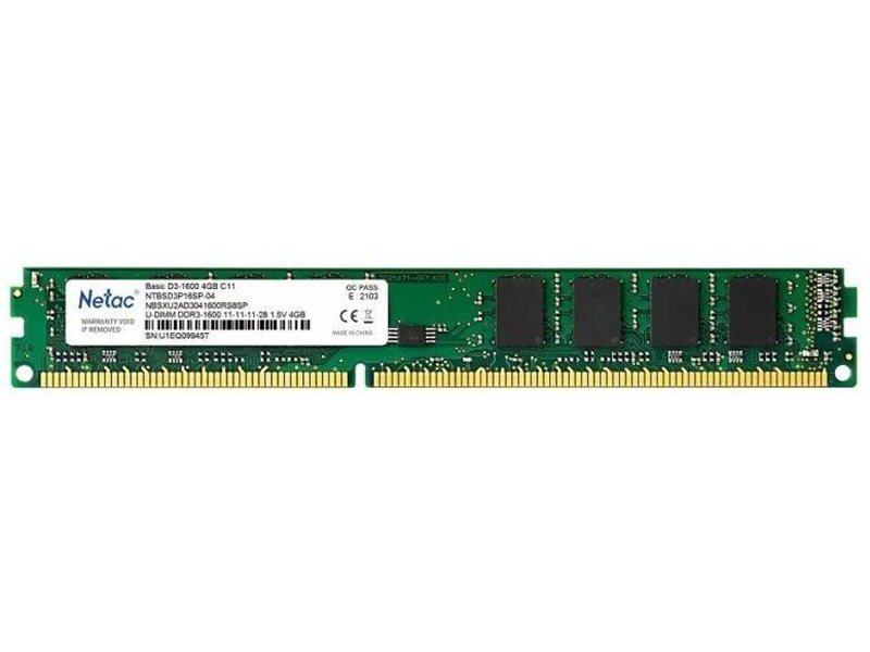 Память DDR3 4GB 1600MHz Netac NTBSD3P16SP-04 Basic RTL PC3-12800 CL11 DIMM UDIMM 240-pin 1.5В dual rank Ret