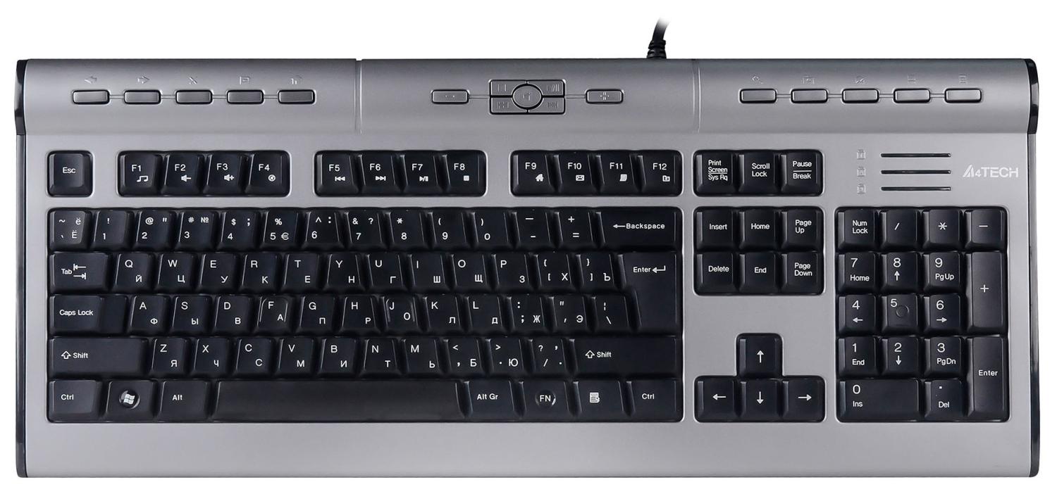 Клавиатура A4Tech KLS-7MUU серебристый/черный USB slim Multimedia (KLS-7MUU USB) кабель 1.5м