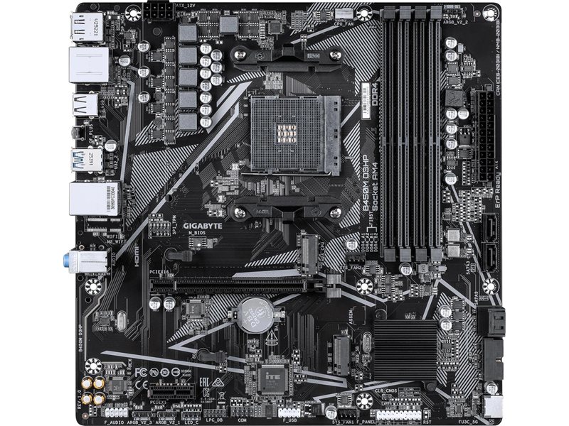 Материнская палата GIGABYTE B450M D3HP, AM4, B450, 4*DDR4, 4*SATA, 2*M.2, 4*USB 3.2, 4*USB 2.0, 1*PCIx16, 1*PCIx1, HDMI+DP, mATX