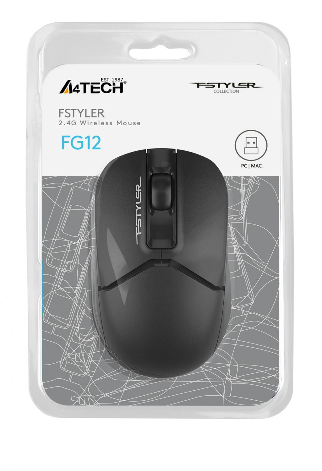 Мышь A4Tech Fstyler FG12 черный оптическая 1200dpi беспров. USB 3but (FG12 BLACK)
