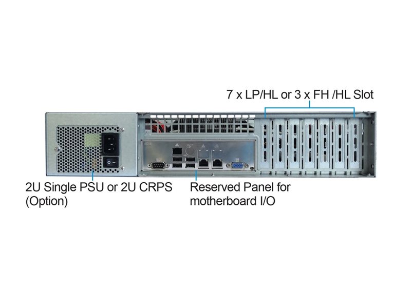 Серверный корпус/ 2U chassis; ATX, Micro-ATX, Mini-ITX MBs; 8-port 12 Gbps SAS/ SATA to SAS BP; 8 x 3.5'' hsb + 2 x 3.5" internal; 7 x LP/ HL slot; 550W (1+1); no rails