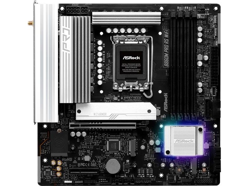 Материнская плата ASROCK B860M PRO RS WIFI, LGA1851, B860, 4*DDR5, 4*SATA, 4*M.2, 6*USB 3.2, 2*USB 2.0, Type-C, 2*PCIx16, 1*M.2 (Key E), HDMI+DP, mATX