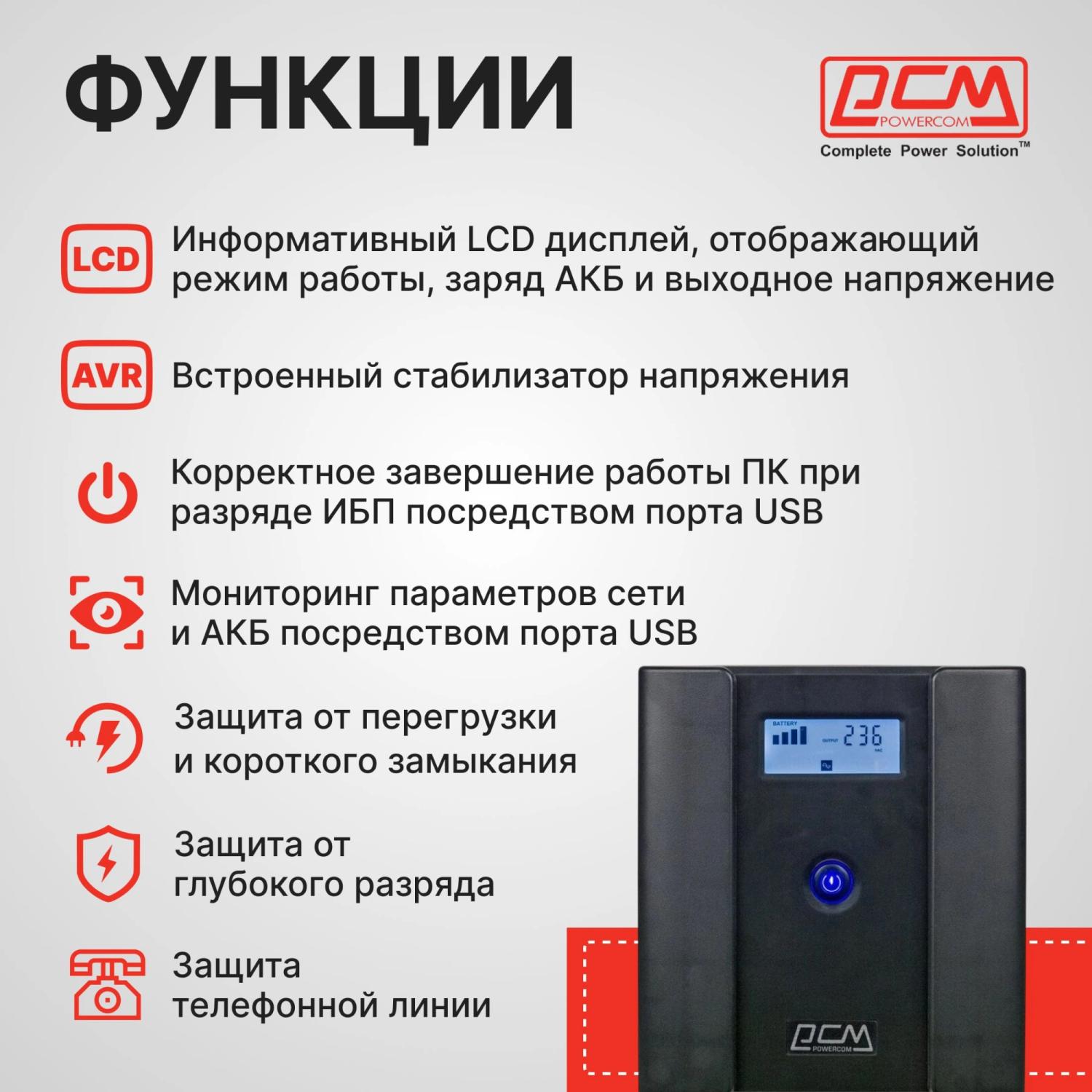 Источник бесперебойного питания Powercom Raptor RPT-1025AP LCD 615Вт 1025ВА черный