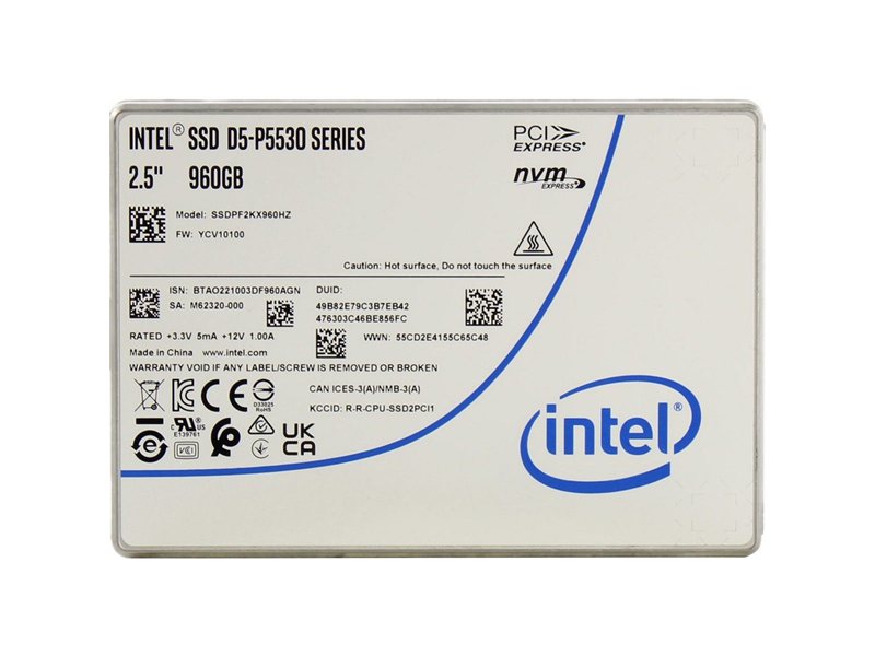 Твердотельный накопитель/ Intel SSD D5-P5530 Series, 960GB, U.2(2.5" 15mm), NVMe, PCIe 4.0 x4, TLC, R/W 5500/1600MB/s, IOPs 300 000/75 000, TBW 1700, DWPD1 (12 мес.)