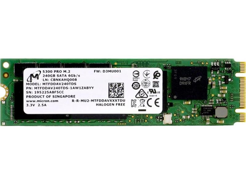 Твердотельный накопитель/ Micron SSD 5300 PRO, 240GB, M.2(22x80mm), SATA3, 3D TLC, R/W 540/310MB/s, IOPs 67 000/40 000, TBW 657, DWPD 1.5 (12 мес.)