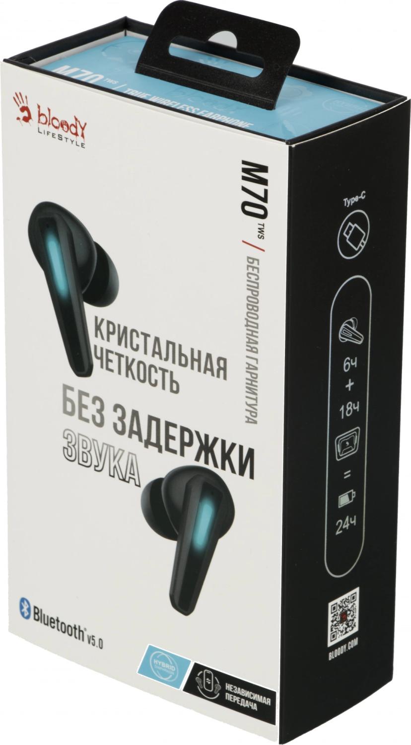 Гарнитура внутриканальные A4Tech Bloody M70 черный/синий беспроводные bluetooth в ушной раковине (M70 BLACK+BLUE)