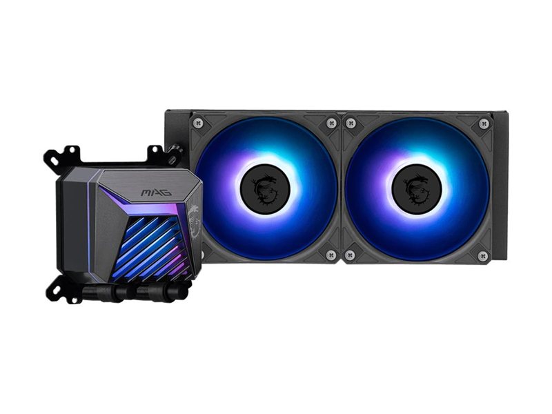 Система жидкостного охлаждения/ Water Cooling System MSI MAG CORELIQUID A15 240 (240W, 240mm, Black, ARGB/ Fans: 2x120mm, 64.89CFM, 28.7dBA, 2050RPM/ Pump 20dBA, 3400RPM, Rad thickness 27mm/ S: 1851, 1700, AM5, AM4)