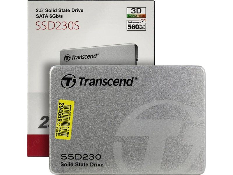 Твердотельный накопитель/ Transcend SSD SSD230S, 256GB, 2.5" 7mm, SATA3, 3D TLC, R/W 530/400MB/s, IOPs 65 000/85 000, DRAM buffer 256MB, TBW 140, DWPD 0.3 (12 мес.)