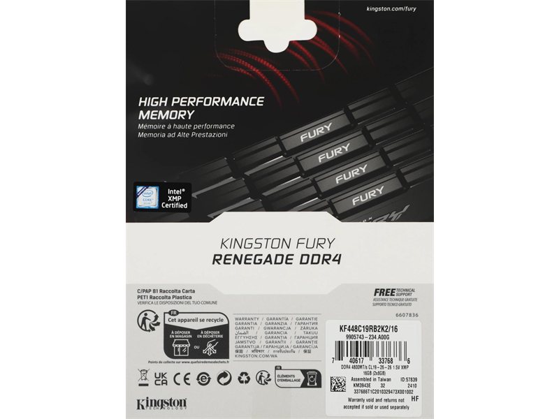 Память DDR4 2x8GB 4800MHz Kingston KF448C19RB2K2/16 Fury Renegade Black RTL Gaming PC4-38400 CL19 DIMM UDIMM 288-pin 1.5В kit single rank с радиатором Ret
