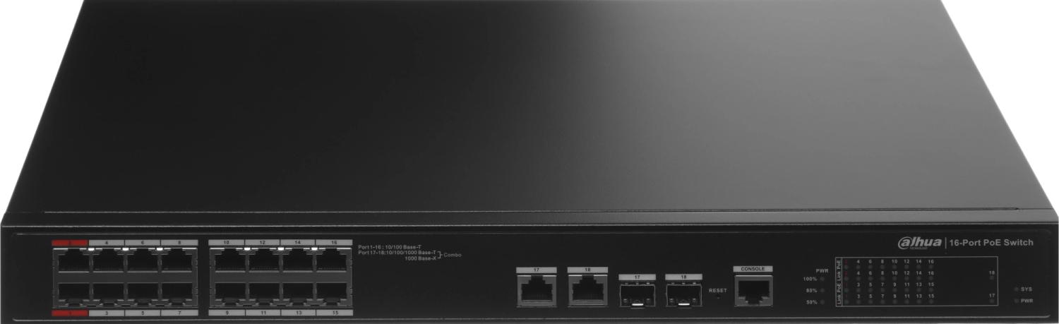 Коммутатор Dahua DH-PFS4218-16ET-190 (L2) 16x100Мбит/с 2x1Гбит/с 2xКомбо(1000BASE-T/SFP) 16PoE управляемый