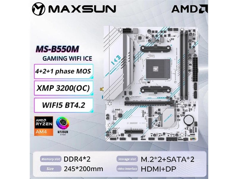 MAXSUN MS-B550M GAMING WIFI ICE (Socket AM4, mATX, 2*DDR4(64Gb), DP/HDMI,  3*SATA3, 2*M.2,  1*PCIEx16/1*PCIEx4, 4*USB2.0, 2*USB 3.0, LAN 1*1G, Bluetooth,  Wi-Fi 802.11ac, RTL)