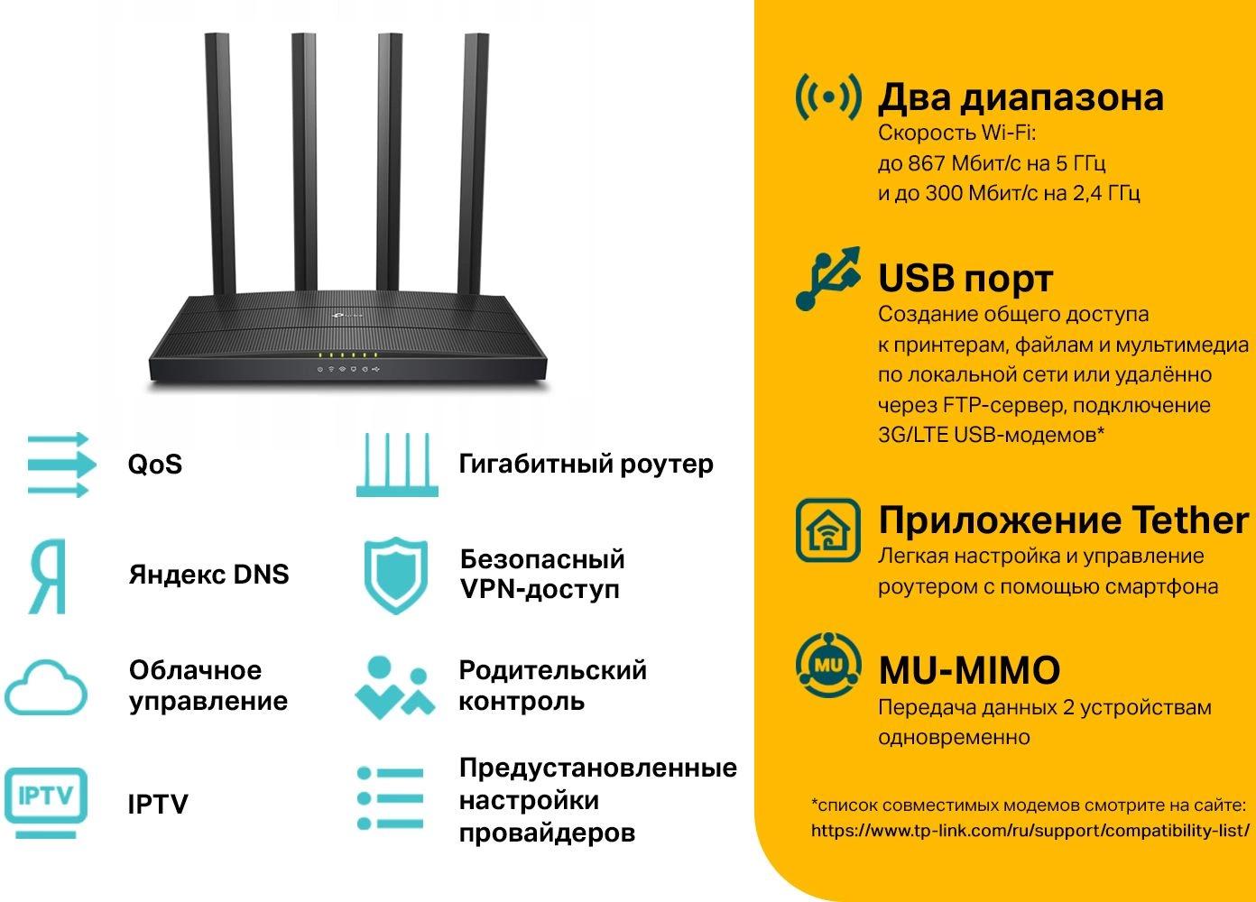 Роутер беспроводной TP-Link Archer C6U AC1200 10/100/1000BASE-TX черный